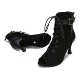 Black Hollow Latin Dance Shoes High Heels Soft Sole Lace Up Indoor Boots Modern Jazz for Women MartLion   