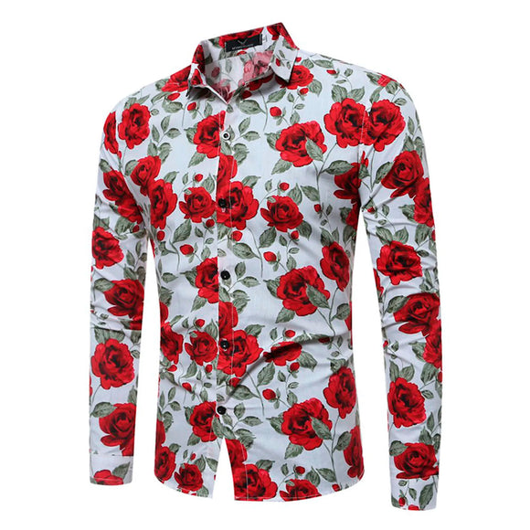  Men's Floral Printed White Shirt Long Sleeve Red Rose Print Shirt Slim Fit Flower Streetwear Tops MartLion - Mart Lion