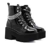 Patent Leather Gothic Black Boots Women Heel Chain Chunky Heel Platform Female Punk Ankle Zipper Goth Mart Lion   