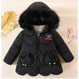 2-8 Years Warm Winter Girls Jacket Fur Collar Removable Hat Plush Lining Heavy Hooded Kids Coat Children Outerwear Send Gloves MartLion JK415-Black 3T(Size 100) 