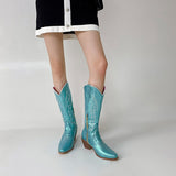 Women Boots Low Heel Shoes Cool British Embroidered Design Soft Short Party Knee High Pink Cowboy Mart Lion   