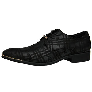Men's Leather Concise Shoes Dress Pointy Plaid Black Breathable Formal Wedding Basic MartLion   