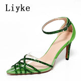 Liyke Green Glitter Sequined Ankle Strap Women Pumps PVC Pointed Toe Wedding High Heels Summer Party Prom Shoes Mart Lion Green 35 