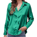 Women Shirts Silk Solid Plain Purple Green White Black Red Blue Pink Yellow Gold Blouses Long Sleeve Tops Barry Wang MartLion 534 S 