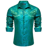 Designer Shirts for Men's Silk Embroidered Silk Blue Green Gold White Black Paisley Long Sleeve Blouses Tops Barry Wang MartLion 0832 S 