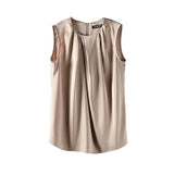 Summer Elegant Sleeveless Satin Shirt Ladies Round Neck Folds All-match Blouse Women Solid Color MartLion   