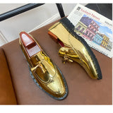 British Style Golden Tassel Brogues  Men's Pointed Leather Dress Shoes Men Slip-on Wedding Loafers MartLion   