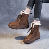 Winter Warm Snow Boots Women Retro Style Thick Bottom Real Leather Wool Fur Plush Platform Boots MartLion   