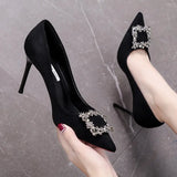 Women Mid Heeled Sandals Black Square Buckle Pointed Thin Heeled Baotou Banquet High Heeled Shoes MartLion 9CM 39 