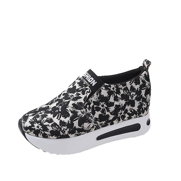 Autumn Women's Sneakers Floral Embroidery Mesh Slip on Casual Comfy Heeled Shoes MartLion Black 42 