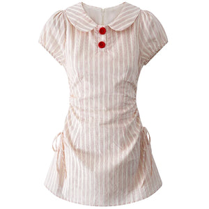 Summer Women Short Sleeve Striped Dress Mori Girl Mini Frocks Peter Pan Collar MartLion Pink XXL 