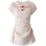 Summer Women Short Sleeve Striped Dress Mori Girl Mini Frocks Peter Pan Collar MartLion Pink XXL 