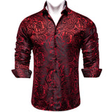 Red Floral Paisely Luxury Shirts Men's Club Wear Silk Shirt Long Sleeve Singal Breasted Spring Fall Tops MartLion CY-2018 S 