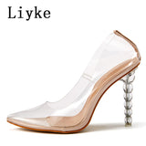 Liyke PVC Transparent Strange Perspex High Heels Women Pumps Slingback Sandals Pointed Toe Lady Party Clear Shoes Mart Lion Apricot 35 China