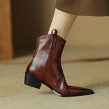 Women Boots Genuine Leather Western Shoes Pointed Toe Chunky Heel Chelsea Retro MartLion   