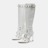 Slim High Heeled Motorcycle Boots for Women Versatile Rivet Style MartLion white 44 