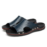 Summer Men's Sandals Genuine Leather Slippers Roman Flats Slippers Roman Style Beach Outdoor Flip Flops Mart Lion Blue 6.5 