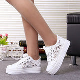 Women Shoes Summer Casual White Sneakers Cutouts Lace Canvas Hollow Breathable Platform MartLion WHITE 37 