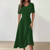 Women Dress Casual Print Mid-Calf Dresses V-Neck Short Sleeves Frocks Robes MartLion Dark Green L United States