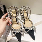 Runway style Glitter Rhinestones Women Pumps Crystal bowknot Satin Summer Lady Shoes Genuine leather High heels Party Prom MartLion   