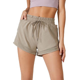 High Waisted Yoga Shorts Women with Tummy Control Drawstring Sporty Fitness Running Shorts Two-piece Design Pants Mart Lion Khaki S 