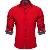 Men's Shirt Long Sleeve Black Solid Red Paisley Color Contrast Dress Shirt Button-down Collar Clothing MartLion   