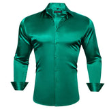 Designer Men's Shirts Short Sleeve Summer Green Solid Silk Slim Fit Blouse Casual Turn Down Collar Clothes Barry Wang MartLion   