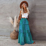 Ethnic Style Vintage Long Skirt Women Summer Loose Beach Ladies  Casual MartLion Green XXL 