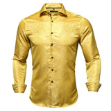 Hi-Tie Blue Men's Shirts Paisley Floral Silk Gold Long Sleeve Casual Shirts Party Wedding Dress MartLion CY-1008 S 