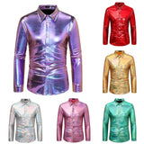 Men's Shirt Top Attractive Autumn Button Down Disco Gold Silver Pink Lapel Long Sleeve Party Shiny MartLion   