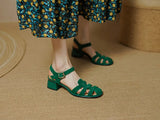 Summer Women Shoes Round Toe Sandals Casual Suede Roman Heels Green Genuine Leather Mid Heels MartLion   