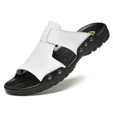 Men's Slippers Leather Slides Summer Casual Shoes Black Slipper And Sandals Slip MartLion WHITE 39 