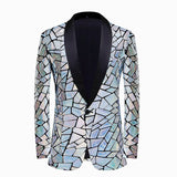 Men's Luxury Wave Striped Gold Sequin Blazer Jacket Shawl Lapel One Button Shiny Wedding Party Suit Dinner Tuxedo Mart Lion Pattern 8 US XS 