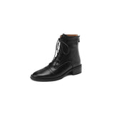 Winter Retro Women Boots Lace Up Chelsea Round Toe Shoes Short Genuine Leather Western MartLion Black-Autumn 35 