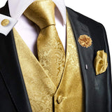 Hi-Tie Silk Vests Jacquard Waistcoat Neck Tie Hanky Cufflinks Brooch Set for Men's Suit Sleeveless Jacket Wedding MartLion MJ-0009-0036 S 