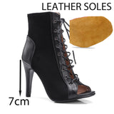 Latin Dance Shoes Ballroom Jazz for Women's Lace-up Fish Mouth Sandals High-heeled Indoor Pole Dance Salsa Dance Boots MartLion Black 7cm leather 36 