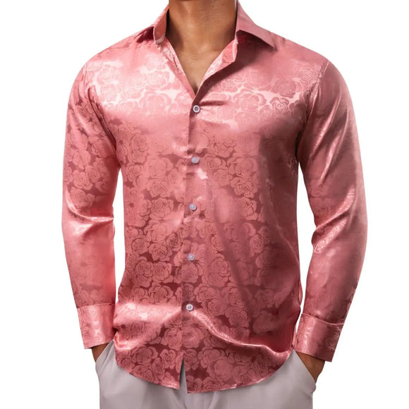  Luxury Shirts Men's Silk Satin Pink Flower Long Sleeve Slim Fit Blouses Trun Down Collar Tops Breathable Clothing MartLion - Mart Lion