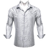 Designer Silk Shirts Men's Blue Gold Green Red White Black Paisley Embroidered Slim Fit Blouses Casual Long Sleeve MartLion   