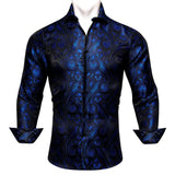 Luxury Blue Shirts Men's Solid Satin Embroidered Paisley Flower Long Sleeve Slim Fit Blouses Casual Lapel Tops Barry Wang MartLion   