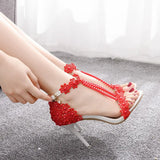 Crystal Queen Women Sandals Flowers Pearl Stilettos Bridal 9cm Evening Party High Heels Bridal Pumps Wedding Shoes MartLion red 42 