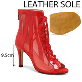 Fish Mouth Strap Jazz Boots Stiletto Heel Hollow Mesh Low Tube Sandals Latin Dancing Shoes Party Ballroom Performances MartLion Red 9.5cm leather 39 
