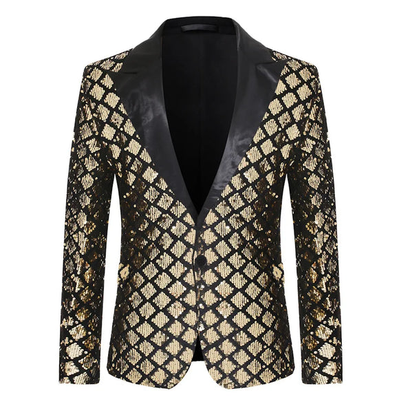 Men's Luxurious Sequin Plaid Suit Jacket Gold Silver Singer Host Stage Party Loose Dress Coats blazers MartLion   