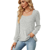 Autumn Winter Women's Solid U-Neck Casual Pit Square Neck Elegant Loose Versatile Long Sleeve T-shirt Top MartLion GRAY M 