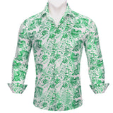 Luxury Shirts Men's Long Sleeve Silk Green Flower Slim Fit Tops Casual Button Down Collar Bloues Breathable Barry Wang MartLion 0589 S 