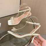  Liyke Summer 7CM Gladiator Sandals Women White String Bead Bowknot Square Toe Low Thin Heels PVC Transparent Shoes Sandalias Mart Lion - Mart Lion
