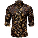 Gold Paisley Silk Shirts Men's Long Sleeve Luxury Tuxedo Wedding Party Clothing MartLion   