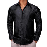 Designer Shirts Men's Silk Long Sleeve Gold Black Flower Slim Fit Blouses Casual Formal Tops Breathable Barry Wang MartLion 0063 S 