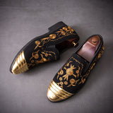 Gold Top and Metal Toe Men's Velvet Dress shoes dress shoes Handmade Loafers Party Flats Zapatos Mart Lion   