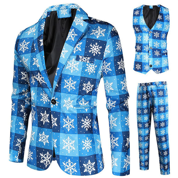 Men's Suit Slim Fit Christmas Suits Plaid Snowflake Printed Three-piece Set Blazers Pants Vest Sets Prom Party Clothes MartLion   