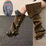 Runway Boots for Women Slim High Heels Pleated Metal Buckle Long Four Season MartLion Dark brown Plush 45 